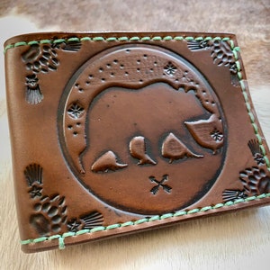 Bear Totem Leather Bi Fold Wallet - Moon and Stars, Spirit Animal, Power Animal - Warrior Spirit - Unisex - Made to Order