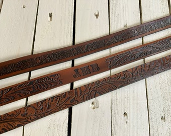 Customized Leather Belt-your name embossed genuine leather-chocolate stain-10 patterns-hardware finish-MADE IN USA-Retro Vintage 70's belt