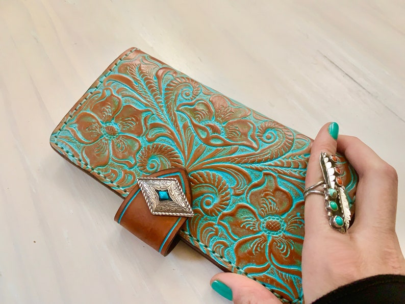 Gift for Her Floral Turquoise Western Southwestern Rustic Made to Order Ladies Wallet Desert Rose Long Wallet Cowgirl