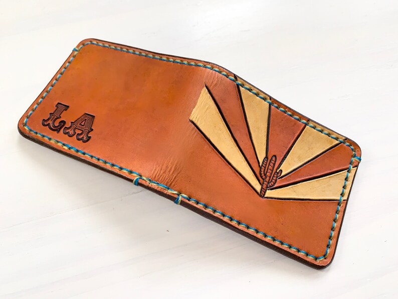 Saguaro Sunburst Leather Wallet Cactus Southwest Made to Order Western Sheridan Style Succulent Sunset Arizona Flag Cowboy image 3