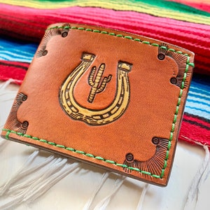 Lucky Horseshoe Saguaro Cactus Western Leather Bi Fold Wallet-Monogrammed-Cowboy-Cowgirl-Gift For Him-Gift for Her-Southwestern-Unisex