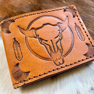Bullhead Bi Fold Leather Wallet - Warrior Feathers-  Lucky Horseshoe - Southwest -Unisex-Custom Inital-Western Sheridan Style-Made to Order