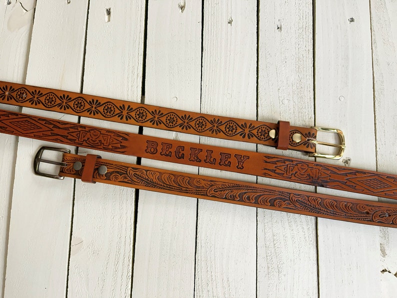 Customized Leather Belt-your name embossed genuine leather-honey tan stain-10 patterns-hardware finish-MADE IN USA-Retro Vintage 70's belt image 1