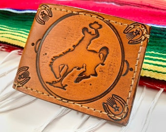 Bucking Bronco Rider Leather Wallet -Cowboy-Roper-Rodeo-Monogrammed-Western-Southwestern-Ranch Hand-Wild Horse- Lucky Horseshoe-Gift For Him