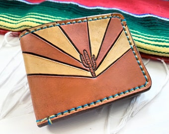 Saguaro Sunburst Leather Wallet - Cactus - Southwest - Made to Order - Western Sheridan Style - Succulent-  Sunset - Arizona Flag - Cowboy