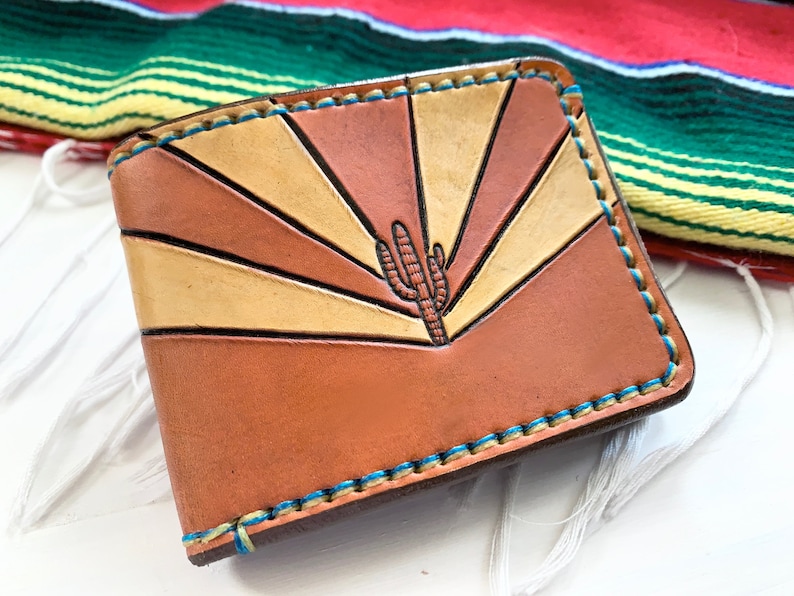 Saguaro Sunburst Leather Wallet Cactus Southwest Made to Order Western Sheridan Style Succulent Sunset Arizona Flag Cowboy image 1