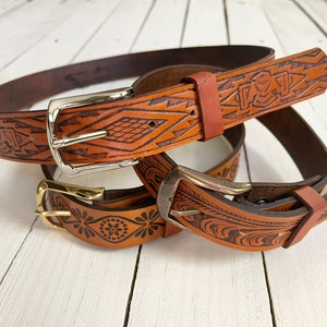 Customized Leather Belt-your name embossed genuine leather-honey tan stain-10 patterns-hardware finish-MADE IN USA-Retro Vintage 70's belt image 4