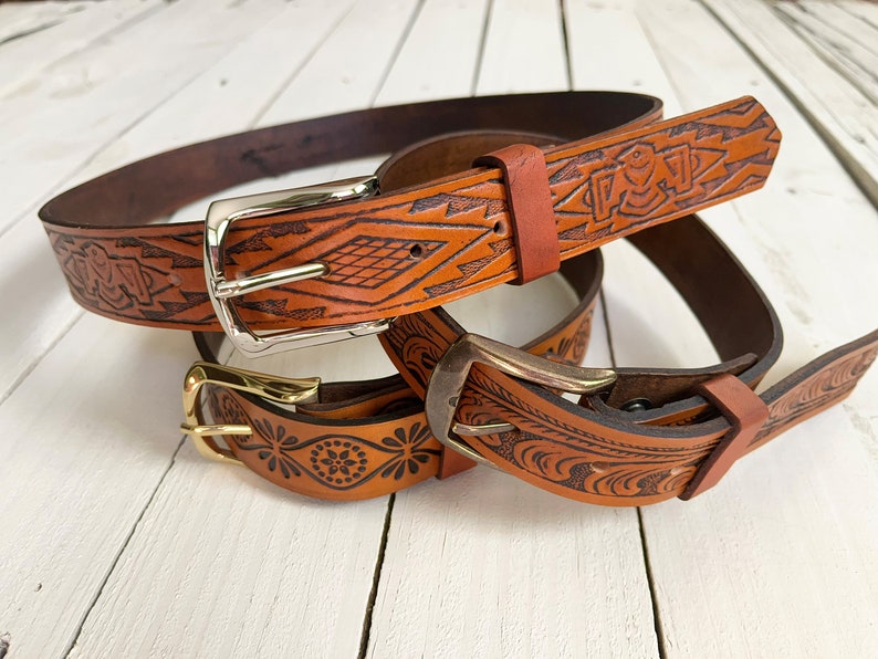 Customized Leather Belt-your name embossed genuine leather-honey tan stain-10 patterns-hardware finish-MADE IN USA-Retro Vintage 70's belt image 4