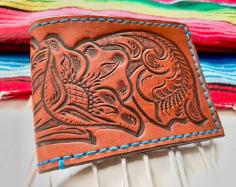 Saddle Up Western Tooled Leather Bi Fold Wallet - Cowboy - Southwestern - Gift For Him - Custom Thread Color Gift for Her - Cowgirl - Unisex