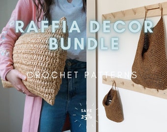 2 x Crochet PATTERN  / RAFFIA BUNDLE / save 25% ! / raffia crochet home decor / crochet cushion + hanging bag / modern crochet home storage