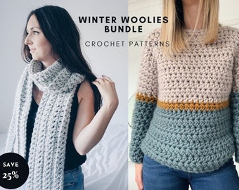 CROCHET PATTERN BUNDLE / winter woolies 2 written patterns/ save 25% ! / the ibsen scarf + the stria jumper / beginner crochet sweater scarf