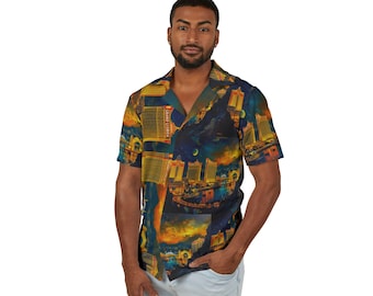 Neon Cityscape Camp Shirt | Hawaiian AOP Skyline Print