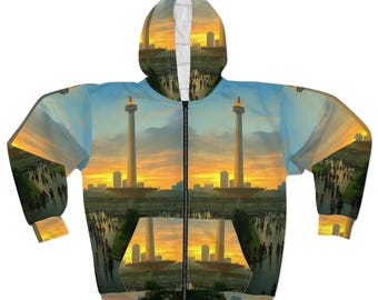 Sunset Cityscape Zip Hoodie — Monument Park Sunrise All-Over Print