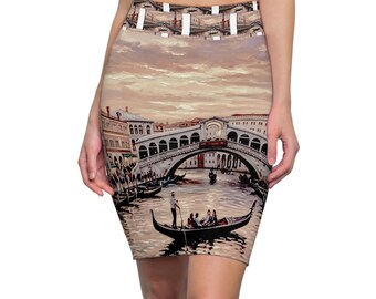 Venice Gondola Canal Print Pencil Skirt | Rialto Bridge Scenic