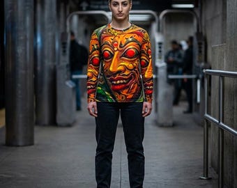 Balinese Barong Mask Long Sleeve Shirt — Vibrant Mythical Face AOP Tee