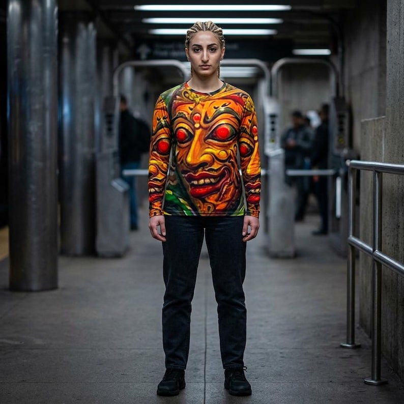 Balinese Barong Mask Long Sleeve Shirt — Vibrant Mythical Face AOP Tee