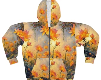 Golden Lotus Floral Zip Hoodie | Allover Print