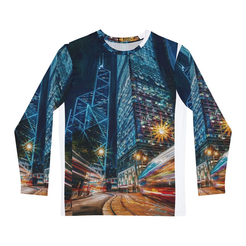 City Nightscape Long Sleeve Shirt | Urban Skyline Tram Lights