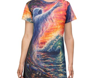 Spiritual Wave T-Shirt Dress — Mystic Sunset Seascape Print