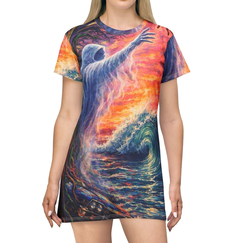 Spiritual Wave T-Shirt Dress — Mystic Sunset Seascape Print