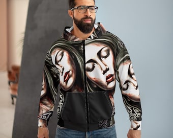 Face Collage Zip Hoodie — Dark Gothic Portrait All-Over Print