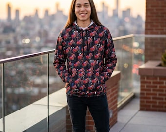 Red Rose Pattern Hoodie | All-Over Print Floral Athletic Hoodie