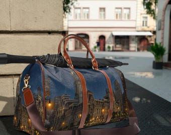 Cityscape Waterproof Travel Bag — Nighttime Urban Skyline Duffel