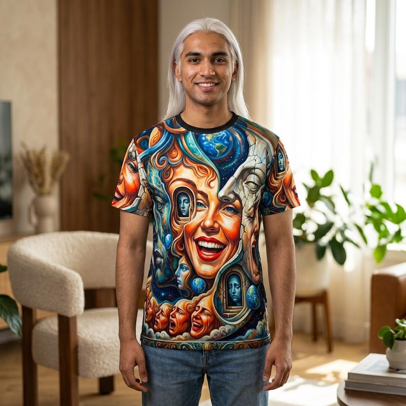 Surreal Faces Collage Tee | Psychedelic Portrait All-Over Print Shirt