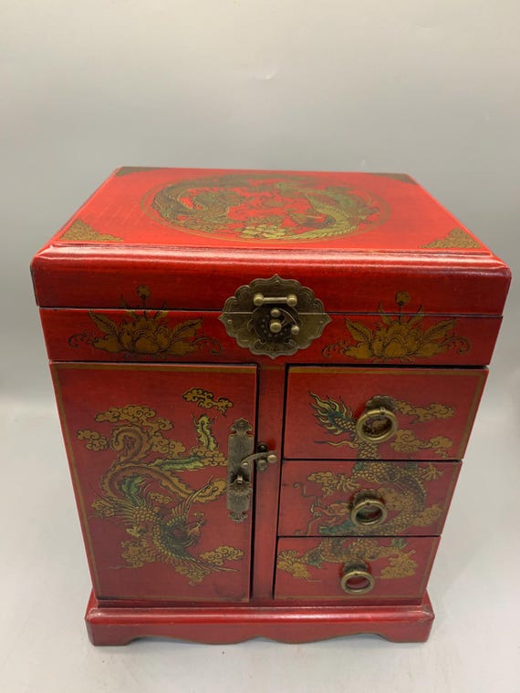 Chinese handmade dragon and phoenix storage box, jewelry box, three drawer dressing cabinet, furniture decoration