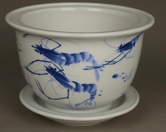 Chinese blue and white porcelain hand-painted shrimp flower pot, Jingdezhen, home decoration, can be used