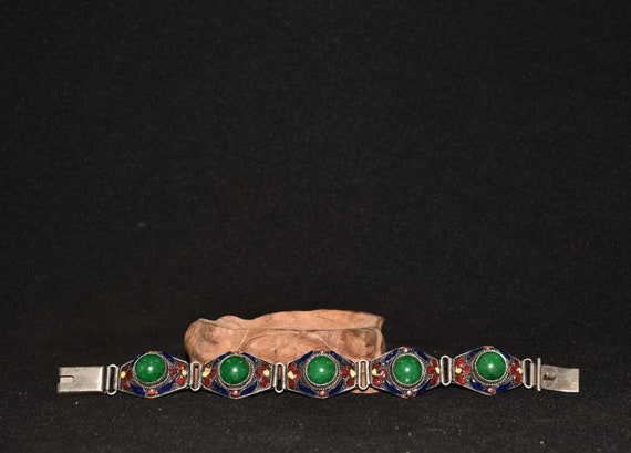Handmade Tibetan silver cloisonne inlaid jade and… - image 4
