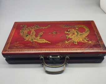 A set of Chinese handmade carved mahjong, lacquerware dragon and phoenix storage box, fun game, precious and rare