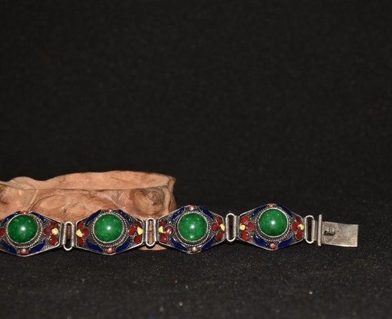 Handmade Tibetan silver cloisonne inlaid jade and… - image 5