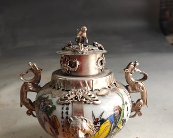 Pots scellés/couverts en porcelaine recouverte de cuivre blanc sculpté à la main, motifs de figures exquis, à collectionner et à utiliser