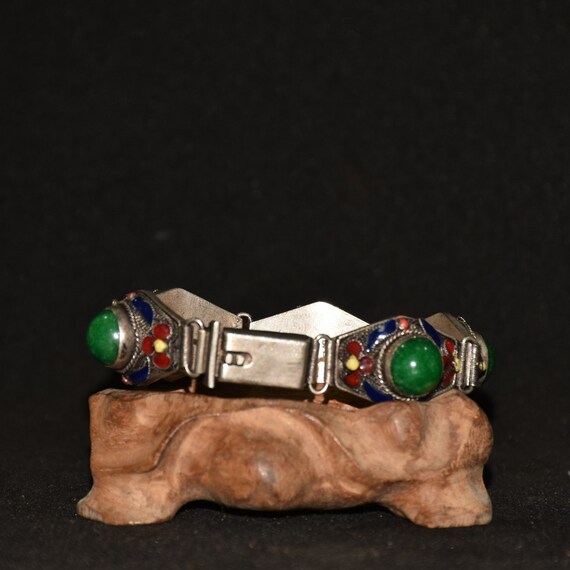 Handmade Tibetan silver cloisonne inlaid jade and… - image 3