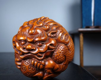 Chinese collection boxwood and qilin statue handlebars, hand carved, desktop/windowsill decoration, can be used