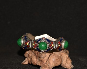 Bracelet tibétain fait main en jade et pierres précieuses incrustés de cloisonné en argent, finition soignée, rare et unique, cadeaux exquis