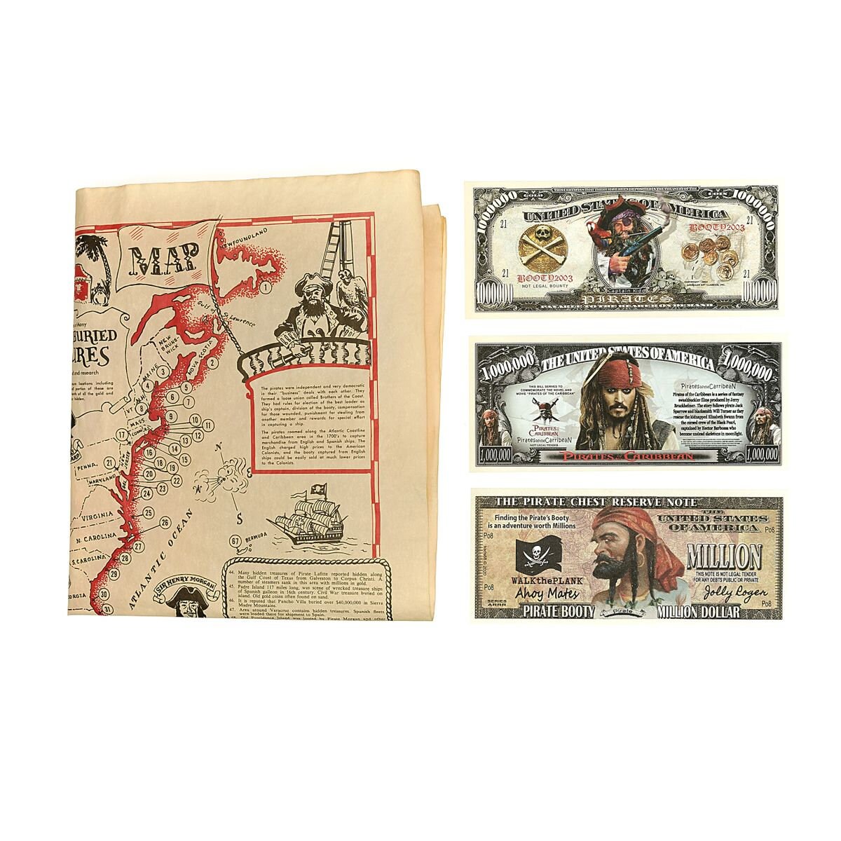 1 lot of 1 pirate treasure map plus 3 fantasy pirate money