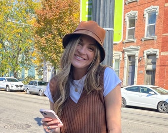 Carmel Leather Bucket Hat, Coastal Cowgirl, Leather Bucket Hat, Carmel Leather Hat, Spring 2025 Hat, Vegan Leather Hat, Faux Leather Hat