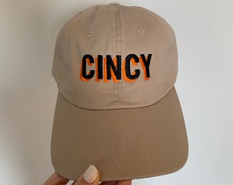 Tan Cincinnati Hat, Trendy Cincy Baseball Cap, Cincinnati Hat, Khaki Cincy Hat, Black & Orange Cincinnati Hat