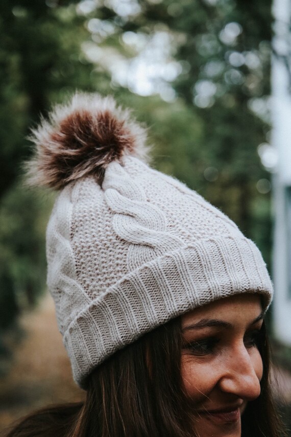 Tan Furry Pom Handy Hat Tan Pom Pom Hat 