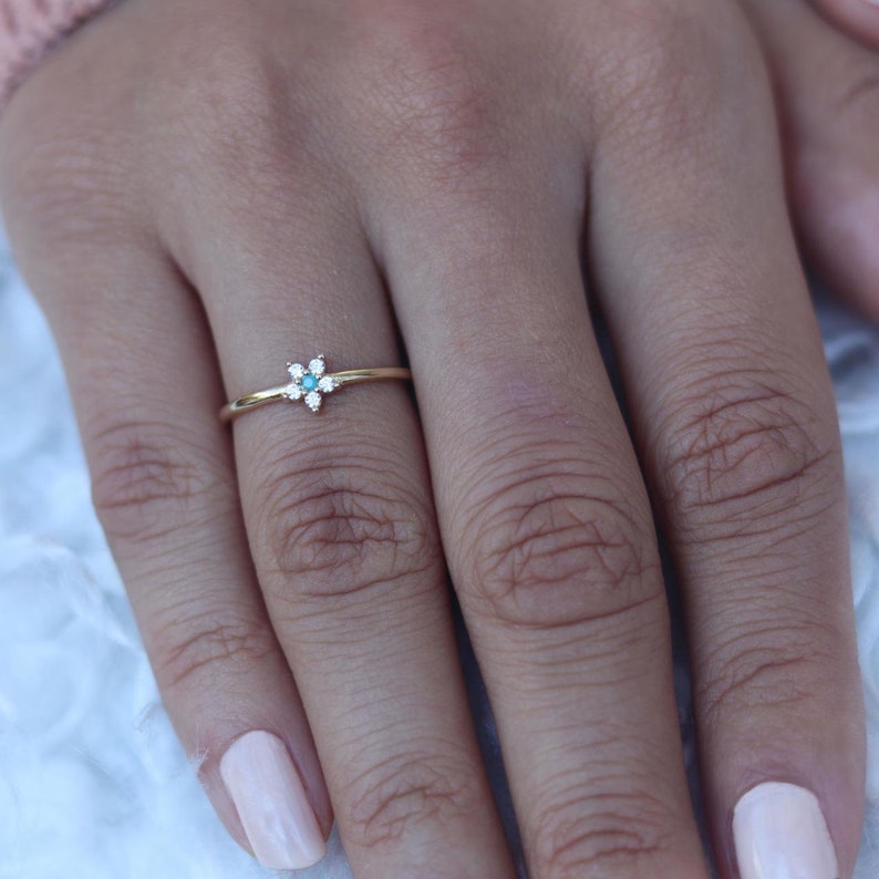 yz12 Mini Turquoise Daisy Ring Zirconia Flower Ring Floral Solid Gold Ring 14k Solid Gold Daisy Ring