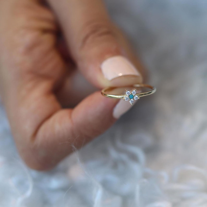 yz12 Mini Turquoise Daisy Ring Zirconia Flower Ring Floral Solid Gold Ring 14k Solid Gold Daisy Ring