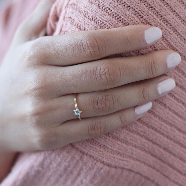 yz12 Mini Turquoise Daisy Ring Zirconia Flower Ring Floral Solid Gold Ring 14k Solid Gold Daisy Ring