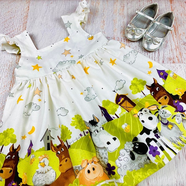 Girl summer dress Farm animals dress toddler Cow birthday outfit Horse baby girl clothes Sheep baby shower gift Sleeveless chicken sundress