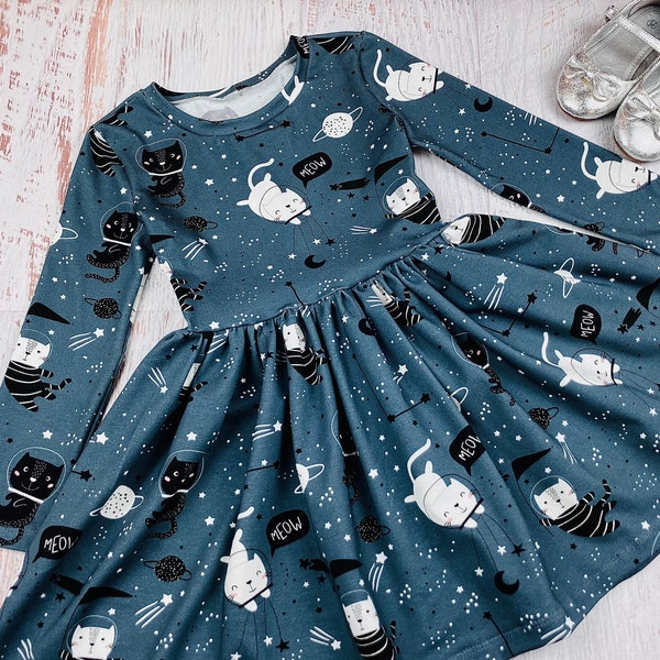 Girls cat dress Toddler kitten dress Space birthday outfit Cat gifts Planet baby girl clothes Cat baby shower Galaxy twirl blue print dress