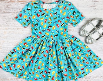 Girls birthday dress Toddler toy cars dress Kindergarten outfit Road trip baby girl clothes Cars baby shower gift Camping mint twirl dress