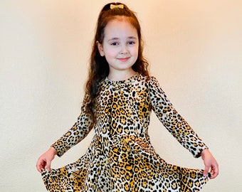 Girls cat dress Toddler kitten dress Animal print birthday outfit Cat gifts Baby girl clothes Safari baby shower Cheetah twirl cute dress