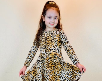 Toddler Baby Girl Long Sleeve Fall Dress Little Girls Denim Leopard Cheetah Ruffle Dressses