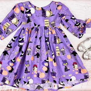 Girls fall dress Witch dress toddler Halloween dress Pumpkin spooky cute baby girl outfit Purple cat autumn twirl Halloween party dress